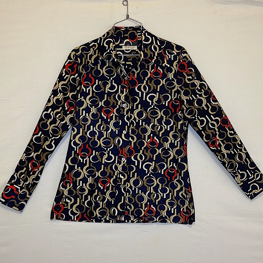 Vintage QIANA NYLON 70s Red, Beige Pattern over Navy Blue Background Blouse